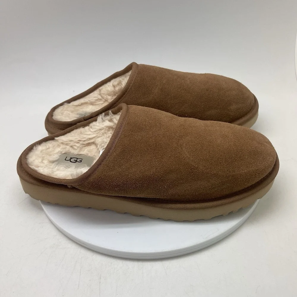 UGG Slippers Mens 9 Slip On Suede Brown Fur Lined Comfort Casual 1129290 Shoes